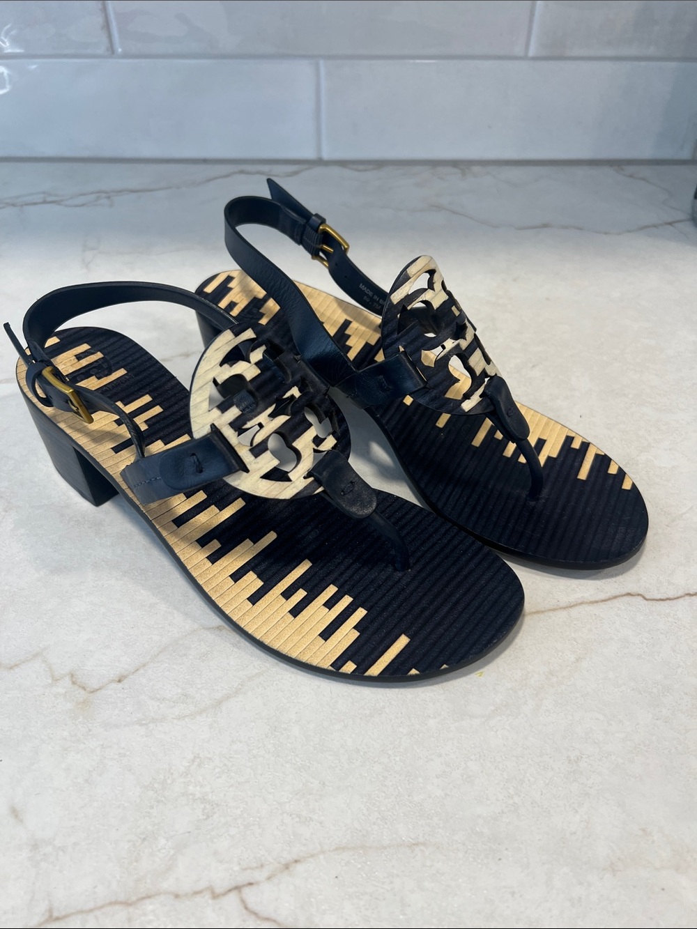 Tory Burch Black and Gold Logo Slingback Sandals